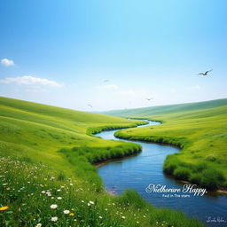 A serene landscape featuring a clear blue sky, lush green meadows, and a gentle river flowing through the scene