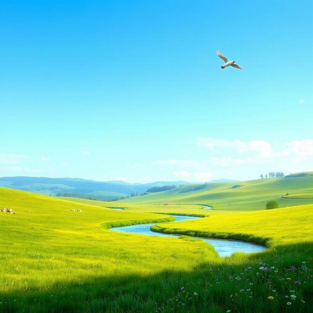 A serene landscape featuring a clear blue sky, lush green meadows, and a gentle river flowing through the scene