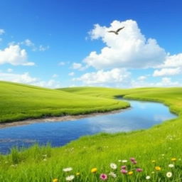 A serene landscape featuring a clear blue sky, lush green meadows, and a gentle river flowing through the scene