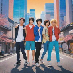 An anime-style depiction of four best friends, three boys and one girl, in vibrant colors. They are all in unique, dynamic poses indicative of their distinct personalities, set against a stylized Tokyo city background.