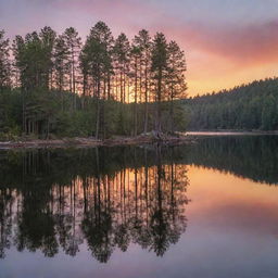 A brilliant sunset reflected on a calm, peaceful lake, with tall, majestic pine trees on the shore.