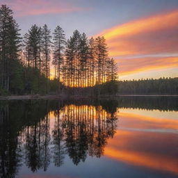 A brilliant sunset reflected on a calm, peaceful lake, with tall, majestic pine trees on the shore.