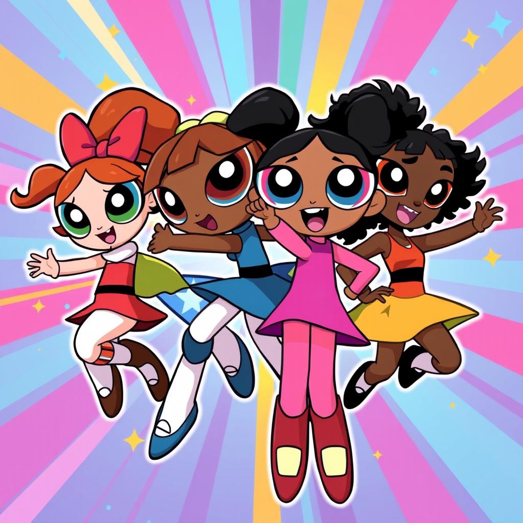 A vibrant and dynamic illustration featuring the Powerpuff Girls reimagined as Black characters