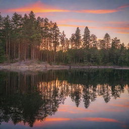 A brilliant sunset reflected on a calm, peaceful lake, with tall, majestic pine trees on the shore.