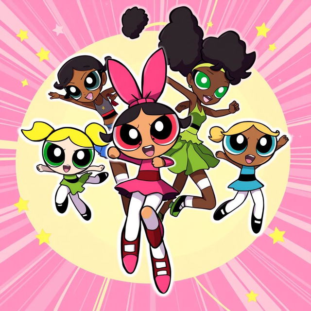 A vibrant and dynamic illustration featuring the Powerpuff Girls reimagined as Black characters