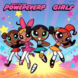 A vibrant and dynamic illustration featuring the Powerpuff Girls reimagined as Black characters