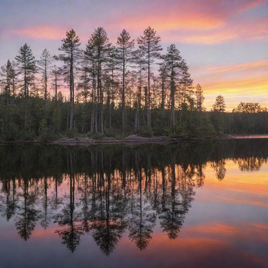 A brilliant sunset reflected on a calm, peaceful lake, with tall, majestic pine trees on the shore.