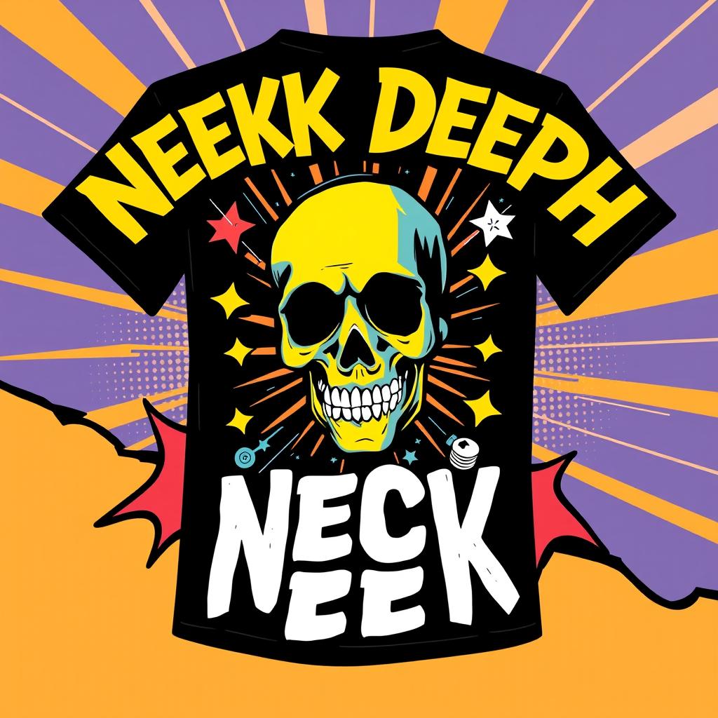 Create a cool t-shirt design featuring a comic book theme with elements inspired by the band Neck Deep