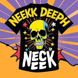 Create a cool t-shirt design featuring a comic book theme with elements inspired by the band Neck Deep