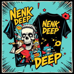 Create a cool t-shirt design featuring a comic book theme with elements inspired by the band Neck Deep