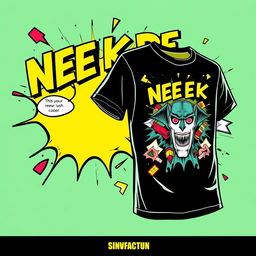 Create a cool t-shirt design featuring a comic book theme with elements inspired by the band Neck Deep