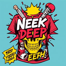 Create a cool t-shirt design featuring a comic book theme with elements inspired by the band Neck Deep