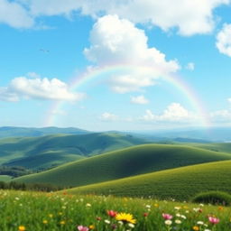 A beautiful landscape with rolling hills, a clear blue sky, and a vibrant rainbow