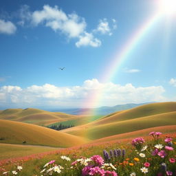 A beautiful landscape with rolling hills, a clear blue sky, and a vibrant rainbow