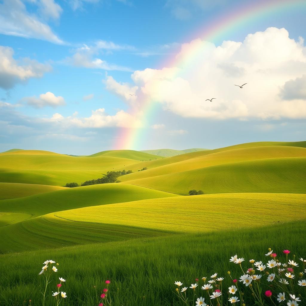 A beautiful landscape with rolling hills, a clear blue sky, and a vibrant rainbow