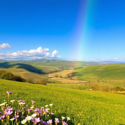 A beautiful landscape with rolling hills, a clear blue sky, and a vibrant rainbow