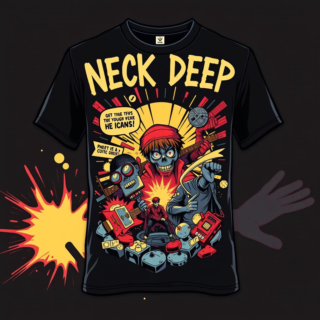 Create a cool band t-shirt design featuring a comic book theme with elements inspired by the band Neck Deep