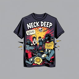 Create a cool band t-shirt design featuring a comic book theme with elements inspired by the band Neck Deep