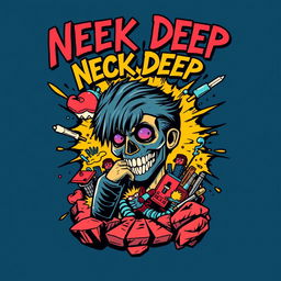 Create a cool band t-shirt design featuring a comic book theme with elements inspired by the band Neck Deep