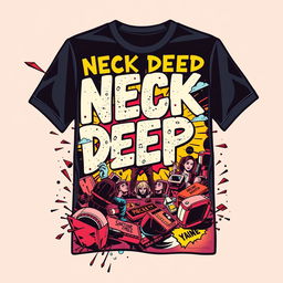 Create a cool band t-shirt design featuring a comic book theme with elements inspired by the band Neck Deep