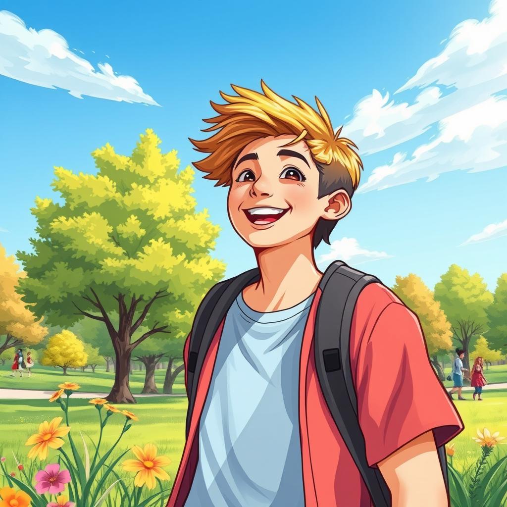 A vibrant and colorful illustration of a teenager enjoying a sunny day in the park, surrounded by trees and flowers