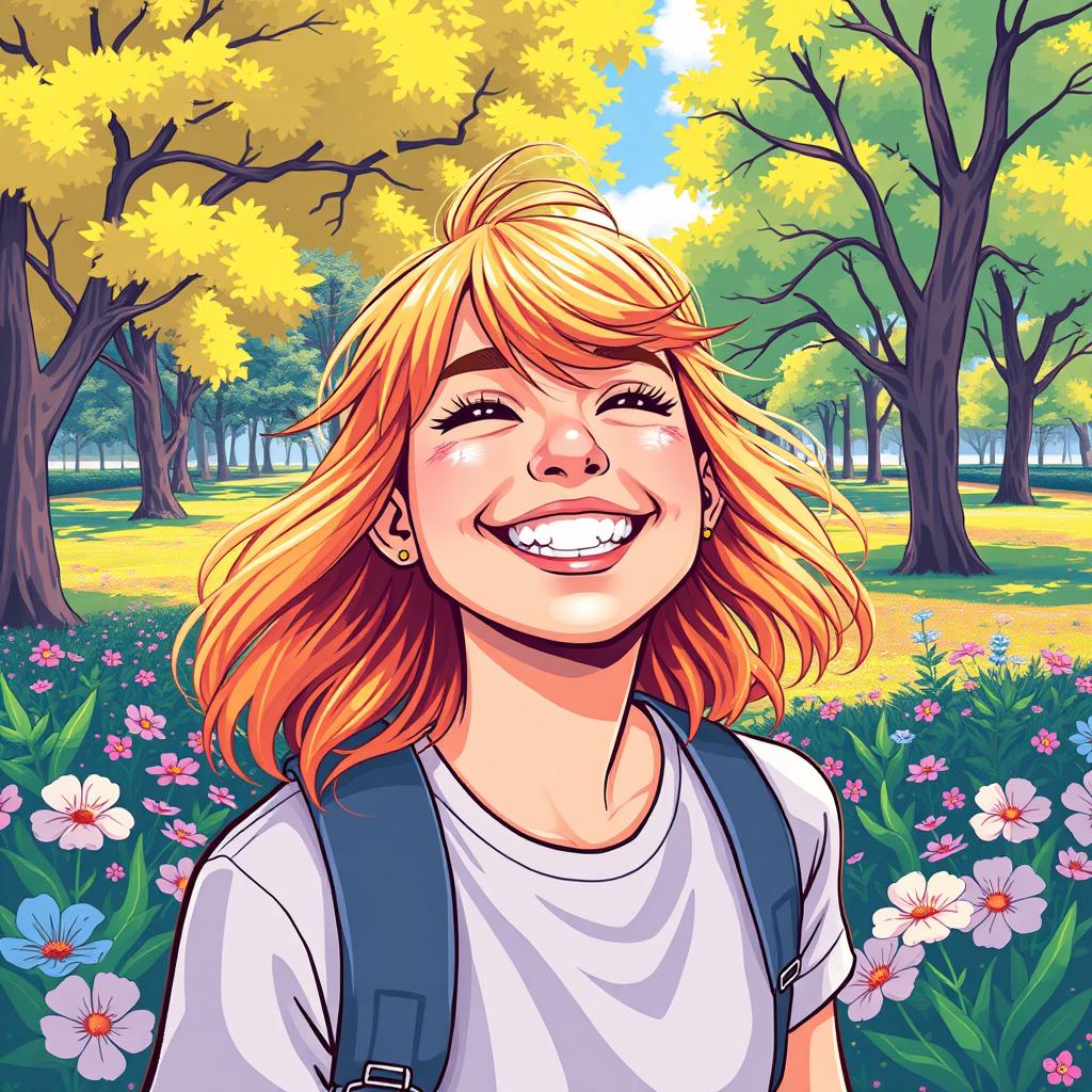 A vibrant and colorful illustration of a teenager enjoying a sunny day in the park, surrounded by trees and flowers