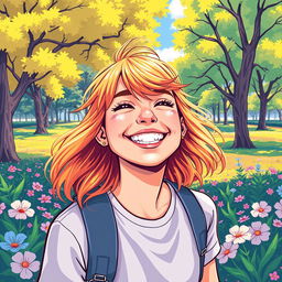 A vibrant and colorful illustration of a teenager enjoying a sunny day in the park, surrounded by trees and flowers