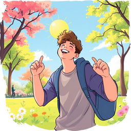 A vibrant and colorful illustration of a teenager enjoying a sunny day in the park, surrounded by trees and flowers