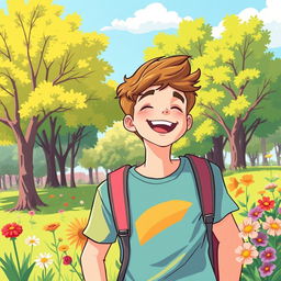 A vibrant and colorful illustration of a teenager enjoying a sunny day in the park, surrounded by trees and flowers