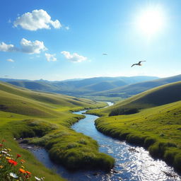 A serene landscape featuring rolling hills, a clear blue sky with a few fluffy clouds, and a sparkling river winding through the scene