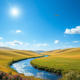 A serene landscape featuring rolling hills, a clear blue sky with a few fluffy clouds, and a sparkling river winding through the scene