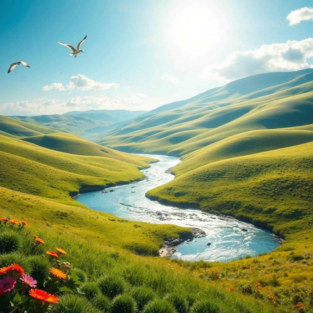 A serene landscape featuring rolling hills, a clear blue sky with a few fluffy clouds, and a sparkling river winding through the scene