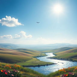 A serene landscape featuring rolling hills, a clear blue sky with a few fluffy clouds, and a sparkling river winding through the scene