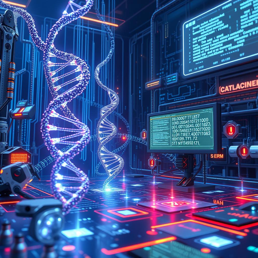 A futuristic scene depicting the code of life and artificial intelligence