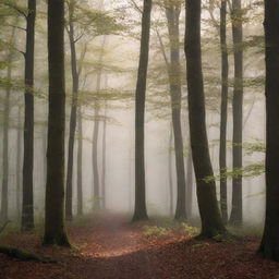 A solitary character tentatively steps into the dense, mystical forest, where the wind rustles the leaves in a whispering ambiance. The soft morning light filters from above, streaking their figure with dramatic contrast.