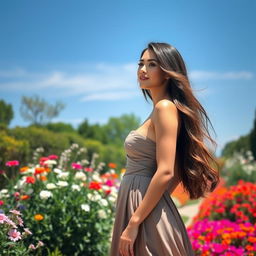 A beautiful woman with long flowing hair, wearing an elegant dress, standing in a picturesque garden with vibrant flowers and a clear blue sky