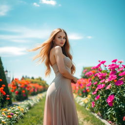 A beautiful woman with long flowing hair, wearing an elegant dress, standing in a picturesque garden with vibrant flowers and a clear blue sky