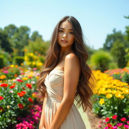 A beautiful woman with long flowing hair, wearing an elegant dress, standing in a picturesque garden with vibrant flowers and a clear blue sky