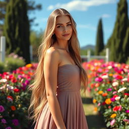 A beautiful woman with long flowing hair, wearing an elegant dress, standing in a picturesque garden with vibrant flowers and a clear blue sky