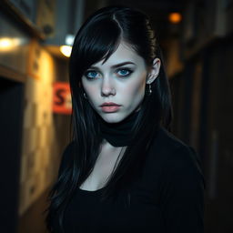 A young emo woman with striking blue eyes, dressed in black clothing