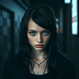 A young emo woman with striking blue eyes, dressed in black clothing