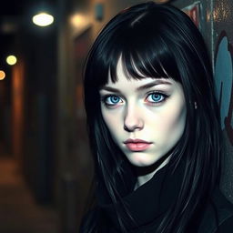 A young emo woman with striking blue eyes, dressed in black clothing