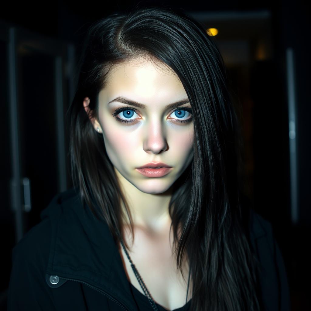 A young emo woman with striking blue eyes, dressed in black clothing