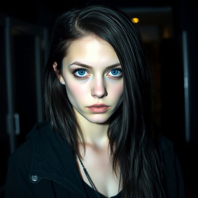 A young emo woman with striking blue eyes, dressed in black clothing