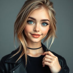 A beautiful and cute young e-girl in real life with blue eyes, wearing stylish black clothing