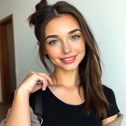 A beautiful and cute young e-girl in real life with blue eyes, wearing stylish black clothing