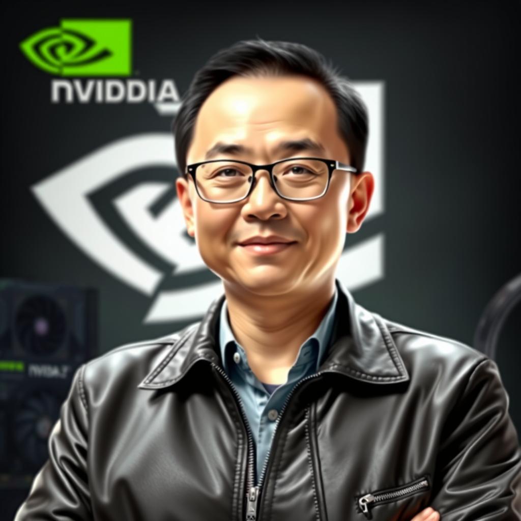 A realistic portrait of Jen-Hsun Huang, the CEO of NVIDIA, wearing his iconic leather jacket and glasses