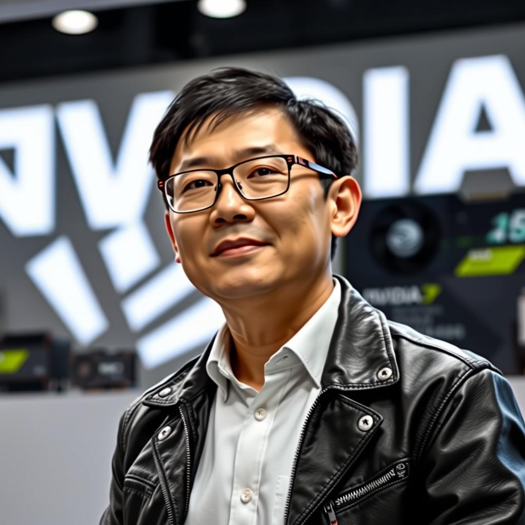 A realistic portrait of Jen-Hsun Huang, the CEO of NVIDIA, wearing his iconic leather jacket and glasses