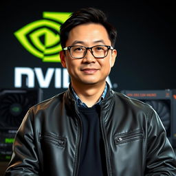 A realistic portrait of Jen-Hsun Huang, the CEO of NVIDIA, wearing his iconic leather jacket and glasses