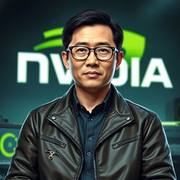 A realistic portrait of Jen-Hsun Huang, the CEO of NVIDIA, wearing his iconic leather jacket and glasses